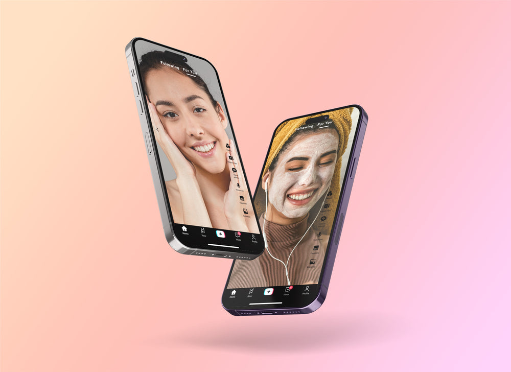 Two phones on tiktok with influencers on a pink background
