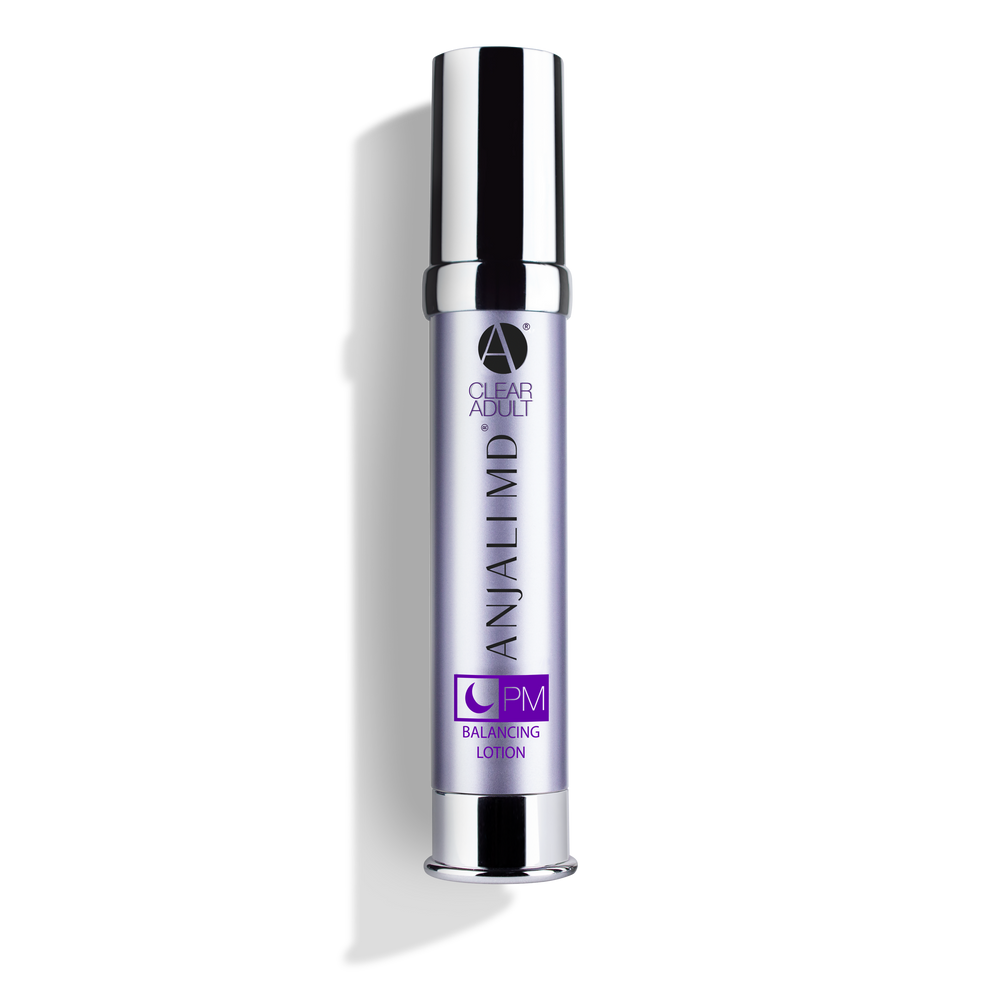 Adult Acne Balancing Lotion: Box, Bottle and Smear. A light pink lotion for acne