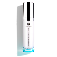 ANJALI MD Skincare Rapid Brightening Serum shown open with serum dots on a gradient pink background