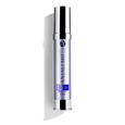ANJALI MD Adult Acne AM Brilliance Serum. A tall chrome bottle with a purple tint. A+ Clear and ANJALI MD Logo are in chrome on the front. A pump bottle with the cap on, Brilliance serum has a blue sun icon and AM on the front