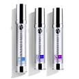 ANJALI MD Teen Acne System. All 3 Products in tall chrome bottles. From left to right: Exfoliating Cleanser, AM Purifying Formula and PM Clarifying Lotion. All with A+ CLEAR logo in chrome.