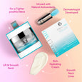 Age Rewind Neck Cream Infographic: For a tighter youthful neck, Infused with Natural Antioxidants, Dermatologist Developed, Lift & Smooth Neck, Rich Hydrating Cream, Smooth Neck Lines