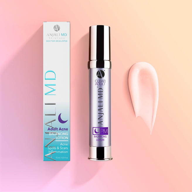 Adult Acne Balancing Lotion: Box, Bottle and Smear. A light pink lotion for acne