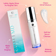 Bodhi Brightening Cleanser infographic - Lather Apply Rinse for Brighter Skin - Clears oil and polution - Soft gel serum cleanser - Makeup Remover - Make skin brighter