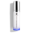 Bodhi Brightening Cleanser in a tall oval bottle. A white acrylic bottle with a blue glow at the bottom sporting a chrome cap. The A logo is in chrome above ANJALI MD. The title of the product appears vertical down the middle of the bottle.