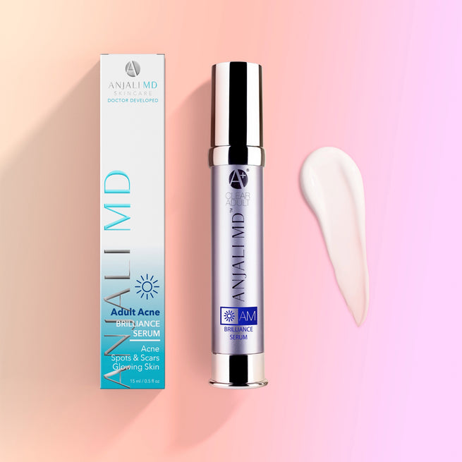 ANJALI MD Skincare - Adult Acne Brilliance Serum: Box, bottle and smear