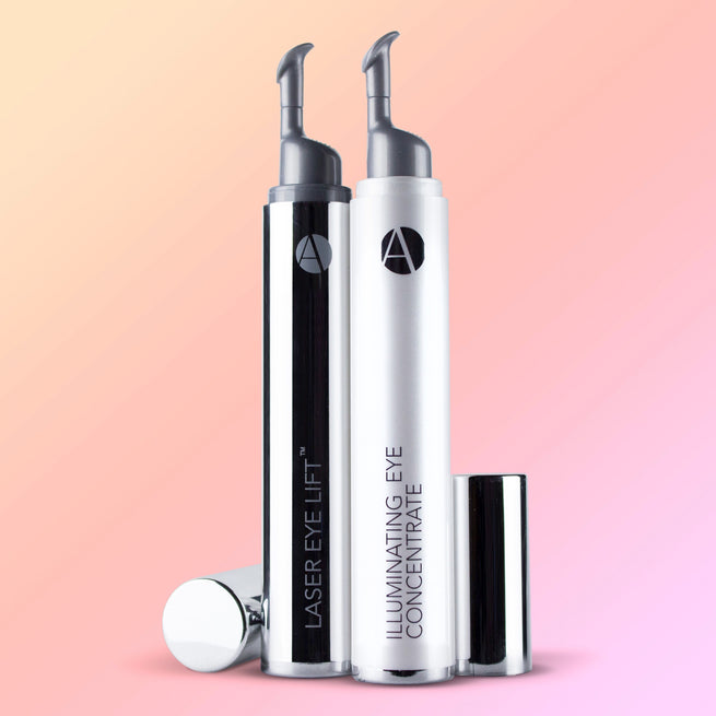 Anjali MD Laser Eye Lift and Illuminating Eye Concentrate shown on a pink background