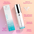 An infographic of ANJALI MD Skincare Rapid Brightening Serum Bottle and box - Text on the image: Gives skin a luminous glow, vitamin-c brightening serum, Silky lightweight hydrating serum, packed with antioxidants, hydrates and protects, makeup remover,  smooth even skin tone