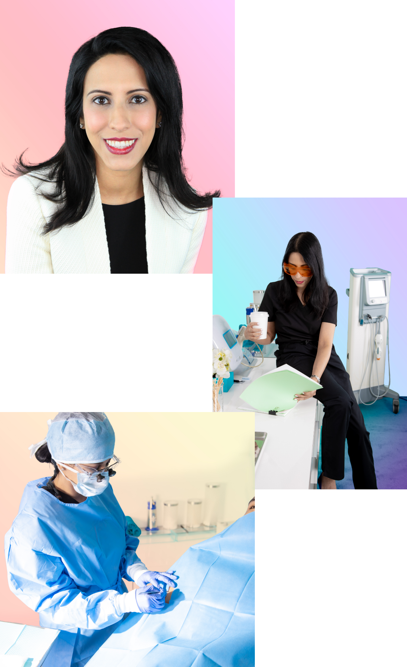 3 portraits of Dr. Anjali Butani: a headshot, another pictured in her clinic reviewing charts, and another performing a medical procedure