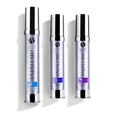ANJALI MD Adult Acne System for Severe Adult Acne. 3 tall chrome bottles with a light purple tint to the body. From left to right: Clarifying Cleanser, AM Brilliance Serum and PM Balancing Lotion. The bottles have chrome logos. that say A+ CLEAR ADULT as well as the ANJALI MD logo in chrome.