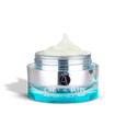 ANJALI MD Age Rewind Neck Cream. This round chrome jar is pictured with the cap off and to the back of the jar. The Blue glow can be seen through the clear glass of the jar. The A Logo on the front appears above the product title. The light cream has a tall peak over the rim of the jar.
