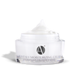 ANJALI MD Heavenly Moisturizing Cream for Intense Non-Greasy Hydration. The round glass white jar appears open with the white cream peaking over the top. The chrome cap appears in the background with the A logo and reflecting the back side of the product. The A logo appears on the jar above Heavenly moisturizing cream.