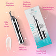ANJALI MD Laser Eye Lift Infographic: Precision Applicator, Reduces Bags and Puffiness, Dermatologist Developed, Silky Eye Serum, Works in 5 Minutes, Look Rested and Less Tired. - Laser eye lift bottle is shown next to the box and smear